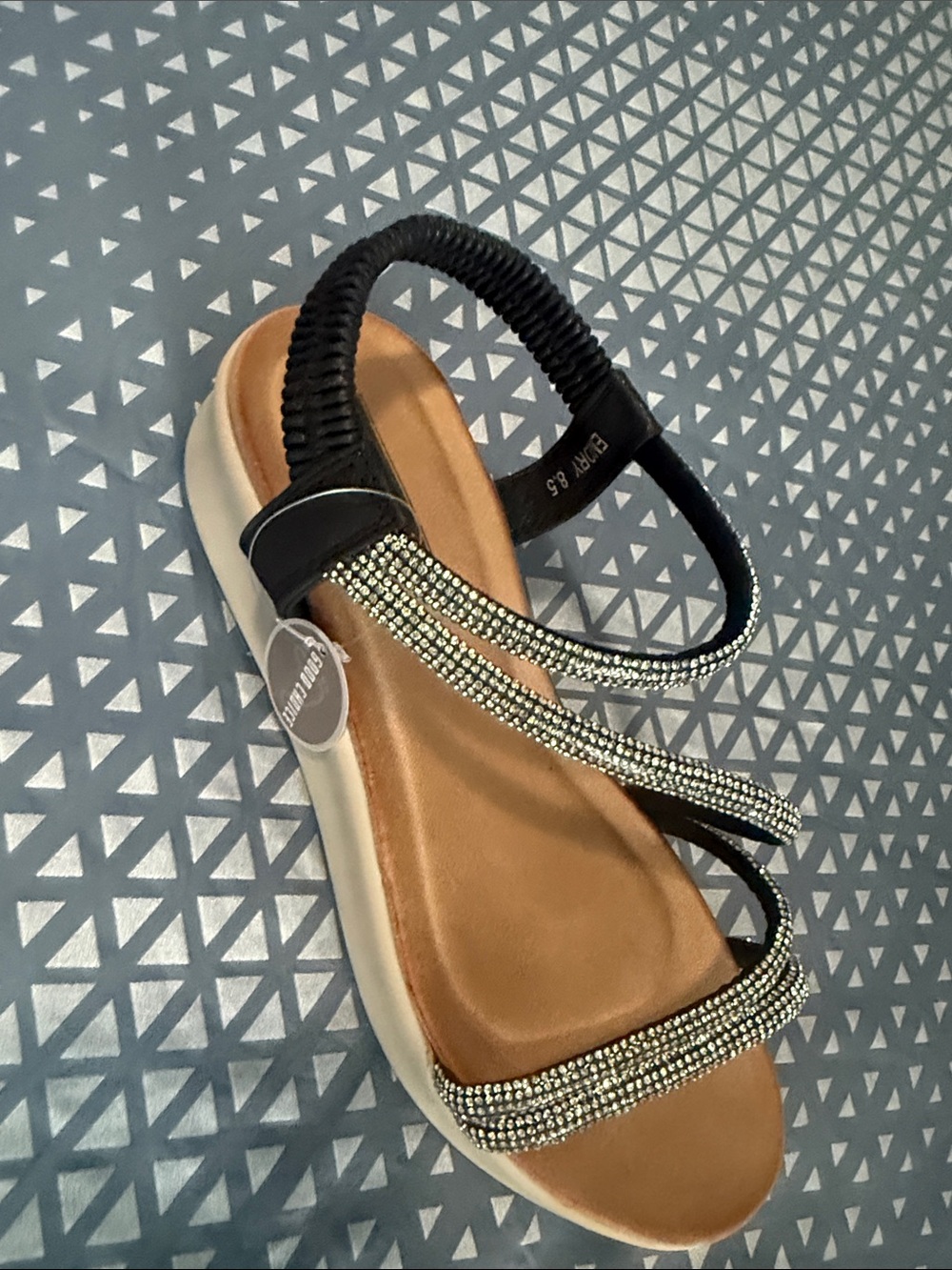 Black Rhinestone Elastic Strap Sandal with Tan Footbed by Good Choice